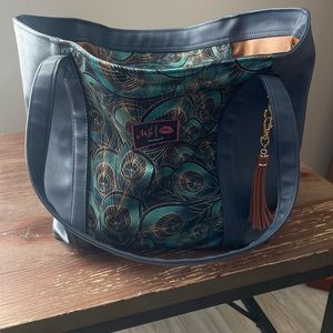 Navy Leather and Velvet Peacock Makeup Junkie Tote